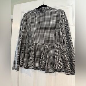 Topshop Black and White Plaid Peplum Top